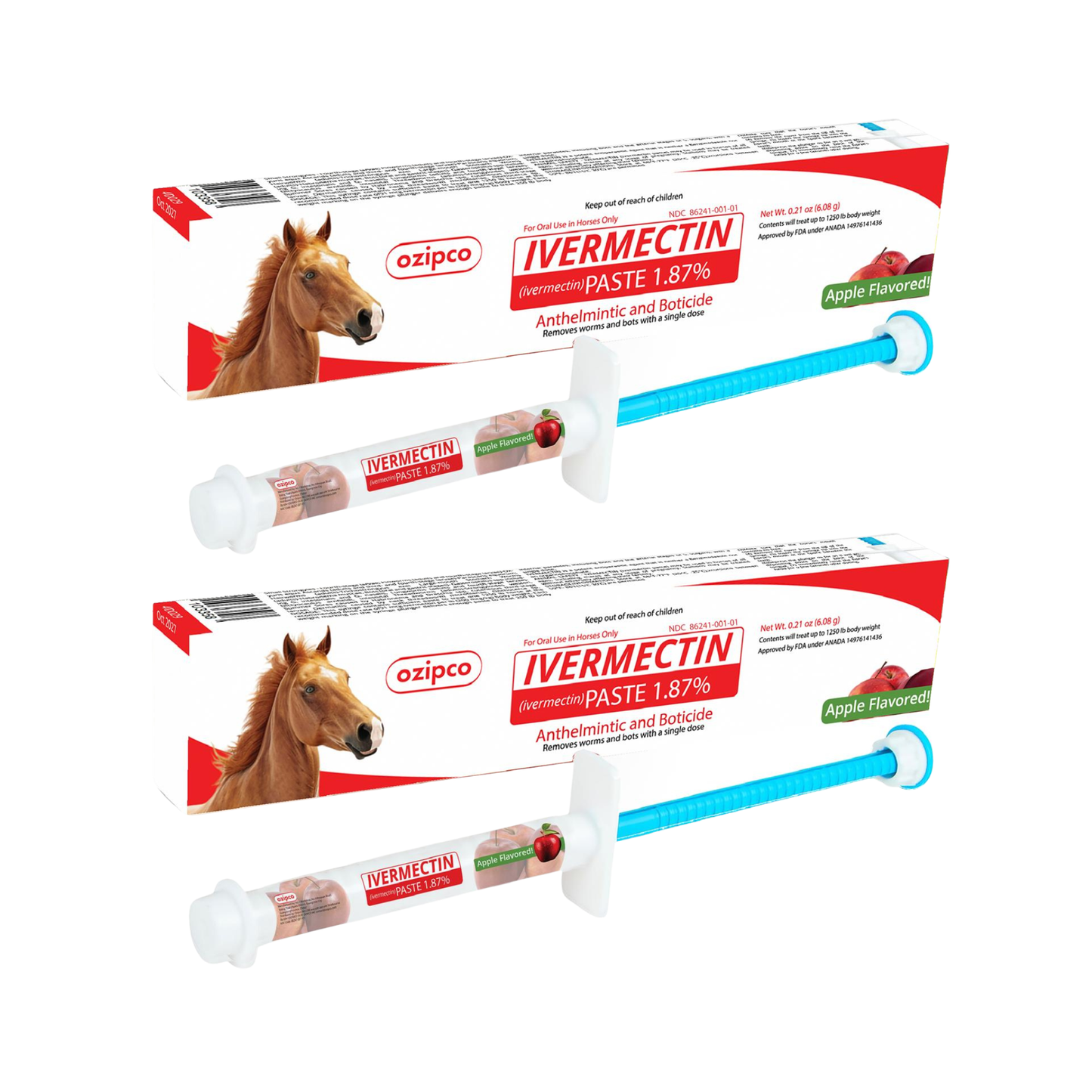 Ivermectin Horse Paste 1.87% | Apple Flavor – 6.08g Syringe for Equine Use Only Up to 1250 LB -(Pack Of 2)
