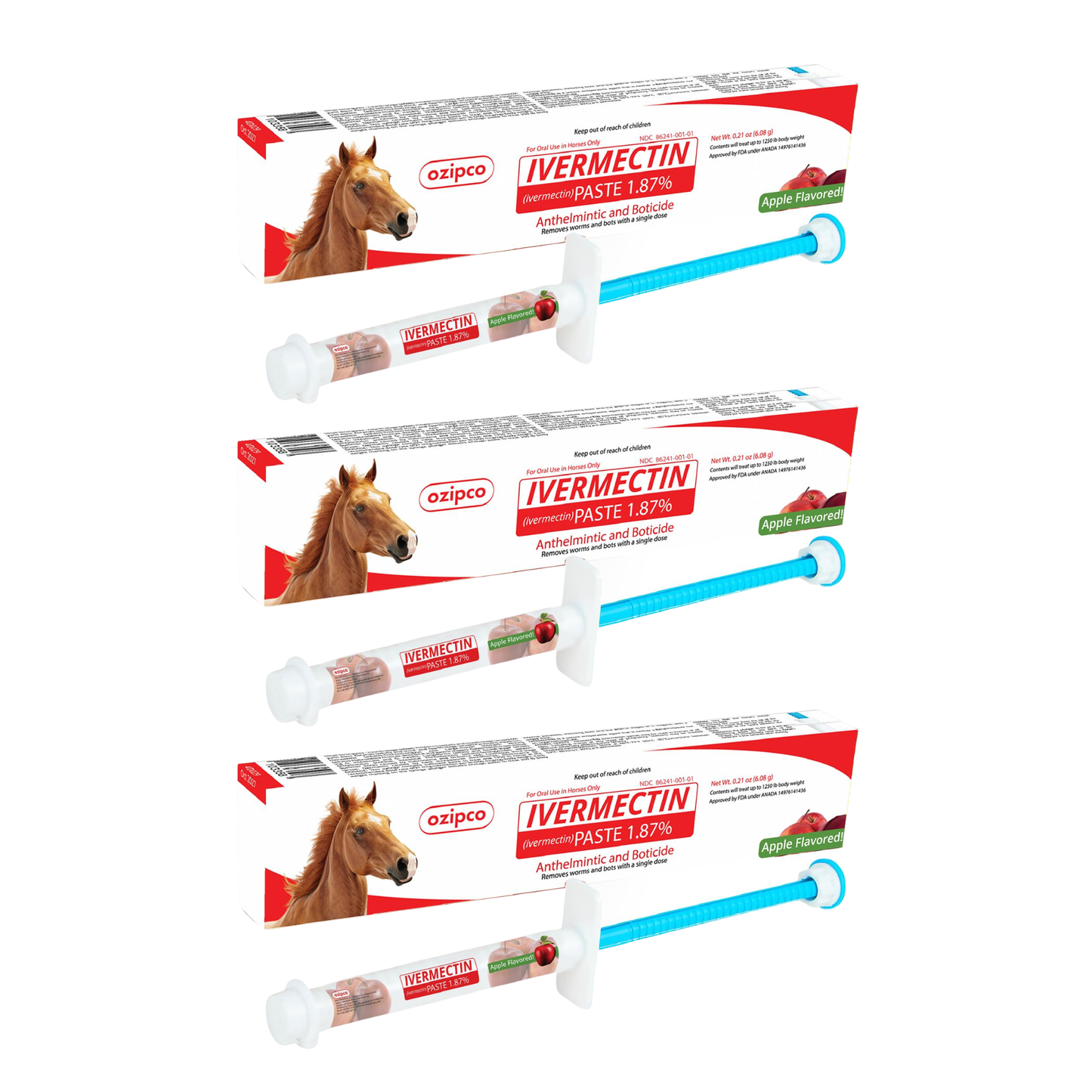 Ivermectin Horse Paste 1.87% | Apple Flavor – 6.08g Syringe for Equine Use Only Up to 1250 LB -(Pack Of 3)