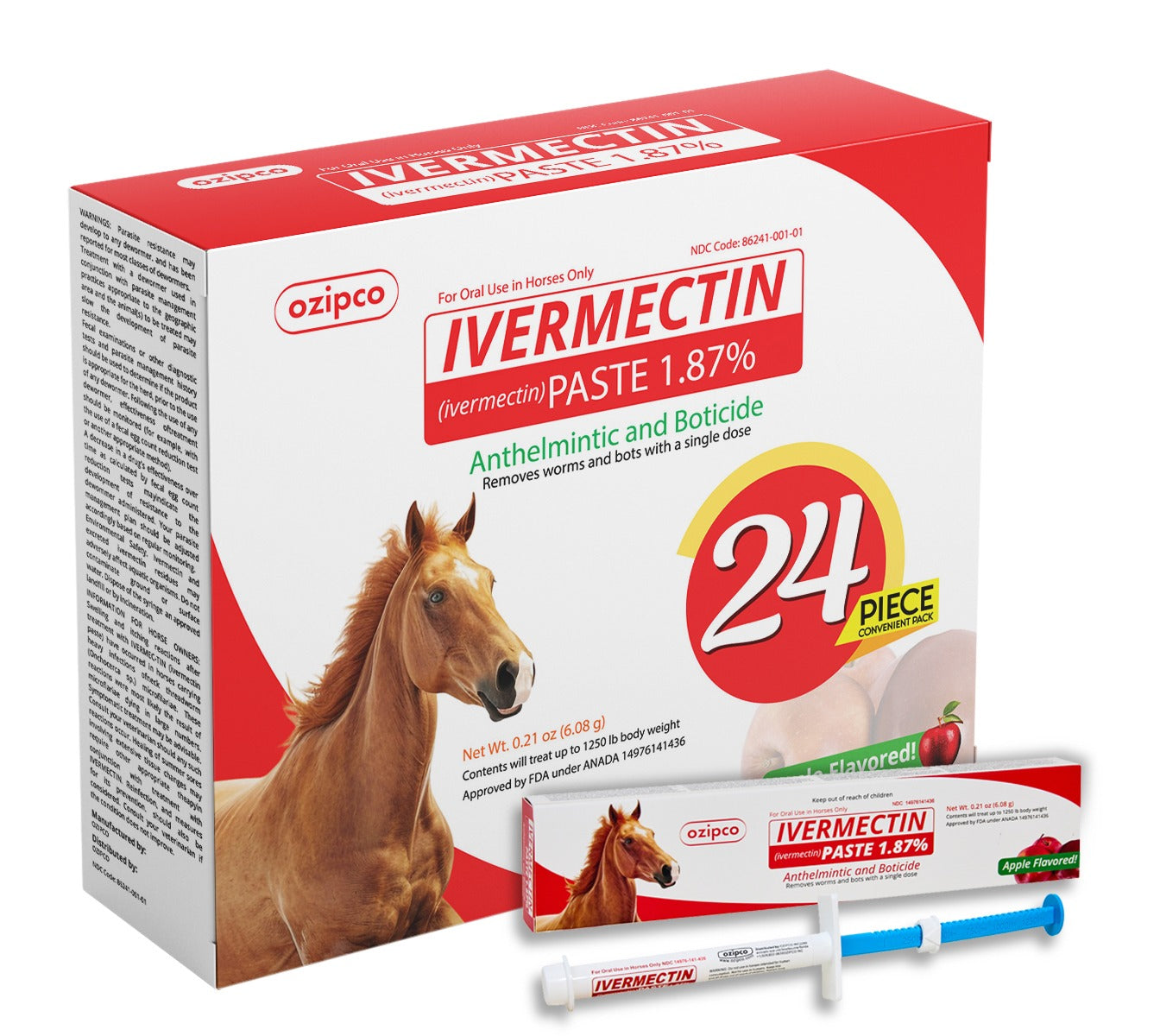 Ivermectin Horse Paste 1.87% | Apple Flavor – 6.08g Syringe for Equine Use Only Up to 1250 LB -(24-pack)