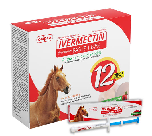 Ivermectin Horse Paste 1.87% | Apple Flavor – 6.08g Syringe for Equine Use Only Up to 1250 LB -(12-pack)