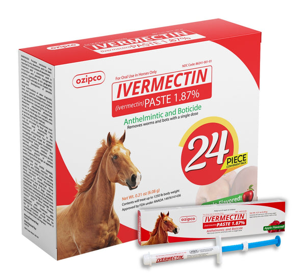 Ivermectin Horse Paste 1.87% | Apple Flavor – 6.08g Syringe for Equine Use Only Up to 1250 LB -(24-pack)